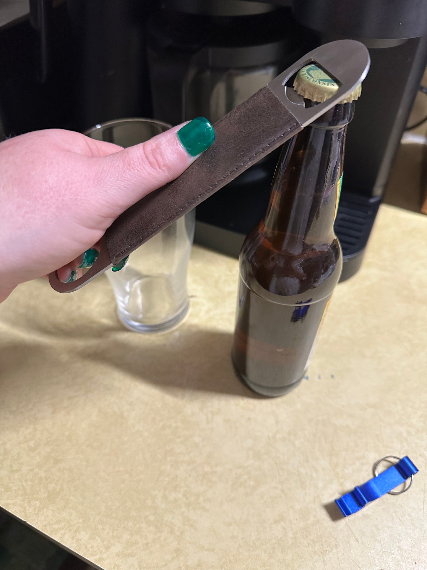 Stainless Steel Flat Bottle Opener with Brown Leather