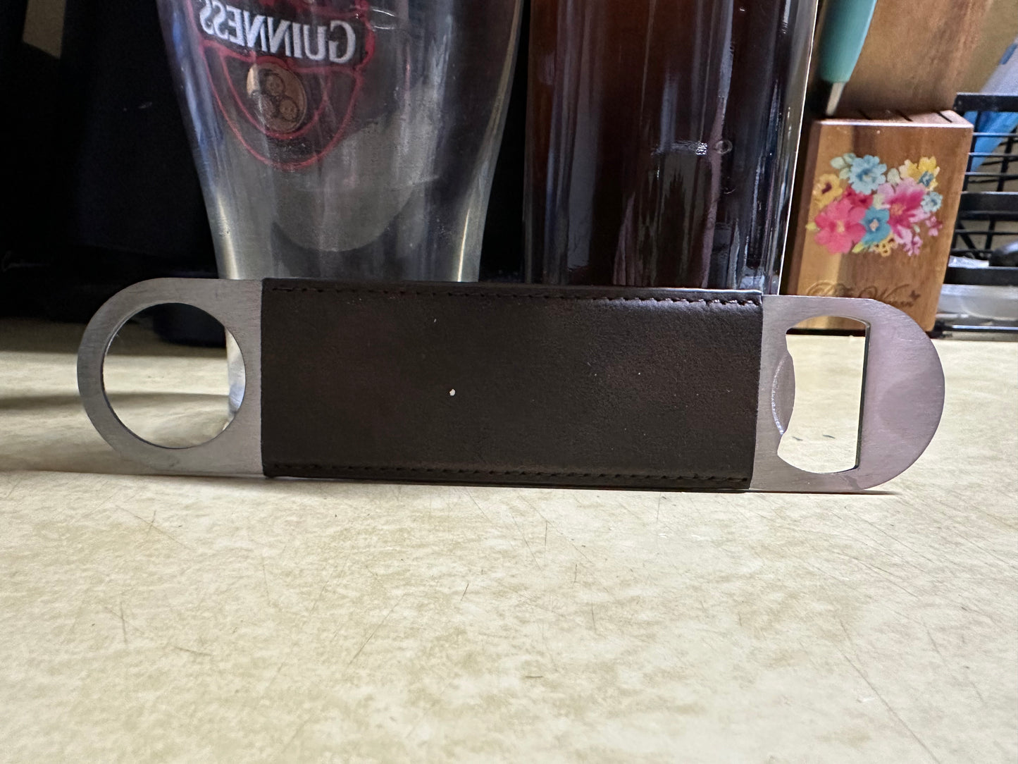 Stainless Steel Flat Bottle Opener with Brown Leather