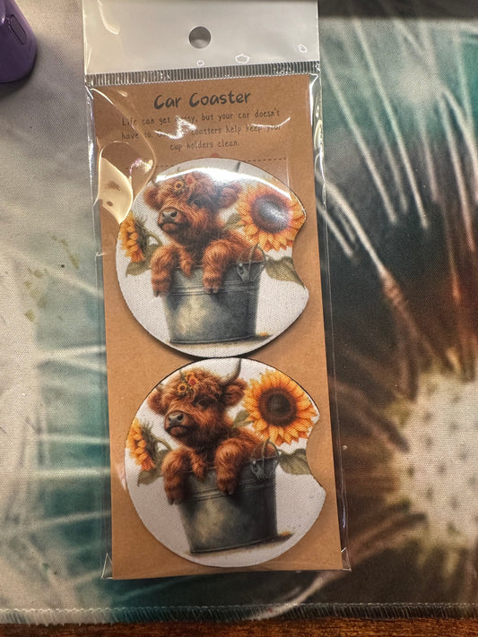 Car Coaster "Baby Highland Sunflower Bucket"